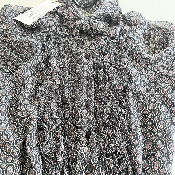 Zara Black Printed Chiffon Tie Neck Long Sleeve Sheer Romper Size XS NWT - Picture 7 of 13